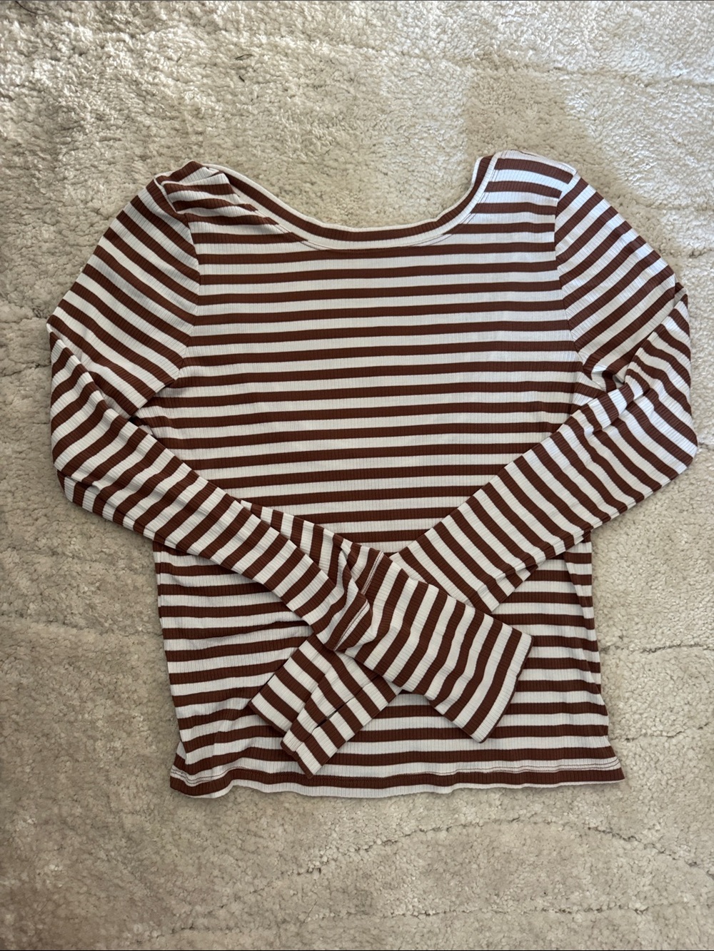 Women’s Ribbed Long-Sleeve Striped Tee in Brown and White